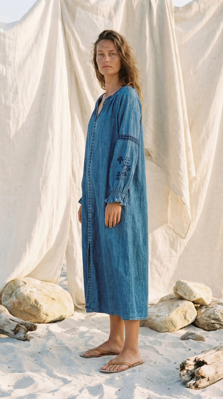 Shunita Embroidered Organic Cotton Denim Long Maxi Dress