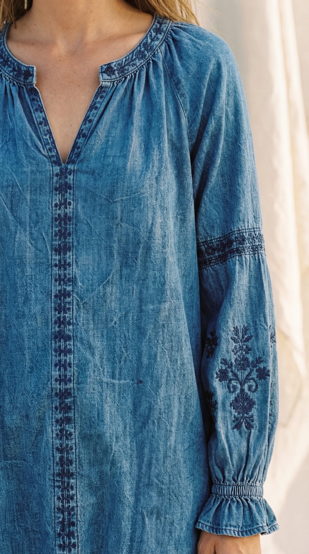Shunita Embroidered Organic Cotton Denim Long Maxi Dress