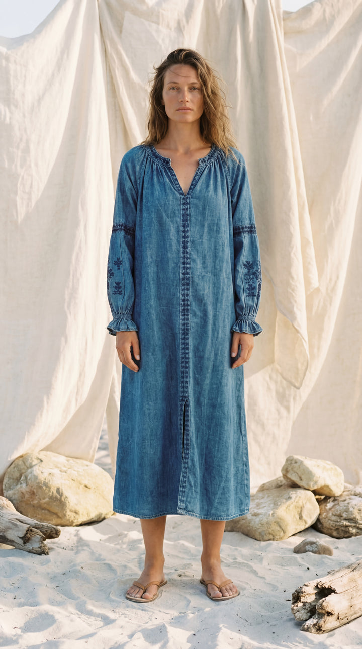 Shunita Embroidered Organic Cotton Denim Long Maxi Dress