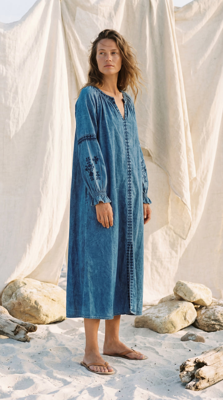 Shunita Embroidered Organic Cotton Denim Long Maxi Dress