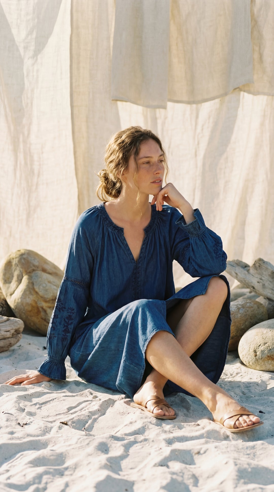 Shunita Embroidered Organic Cotton Denim Long Maxi Dress