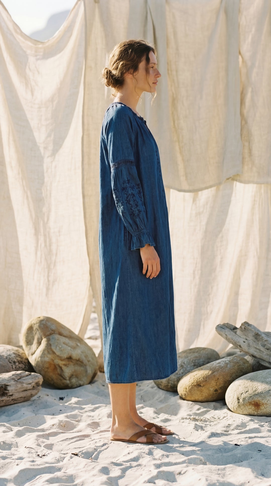 Shunita Embroidered Organic Cotton Denim Long Maxi Dress