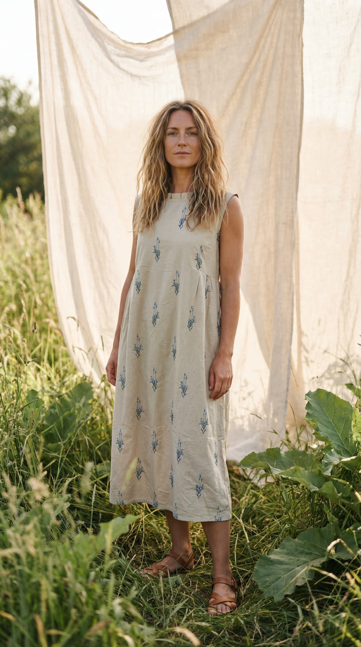 The "Aria" Sleeveless Dress-Organic Cotton Embroidered Dress Beige