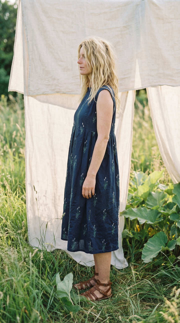 The "Aria" Sleeveless Dress-Organic Cotton Embroidered Dress Beige