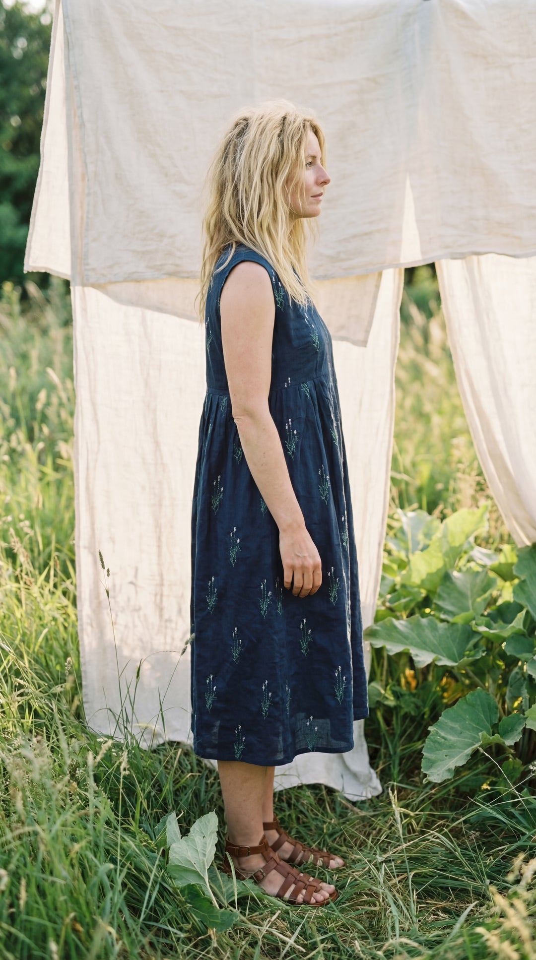 The "Aria" Sleeveless Dress-Organic Cotton Embroidered Dress Beige