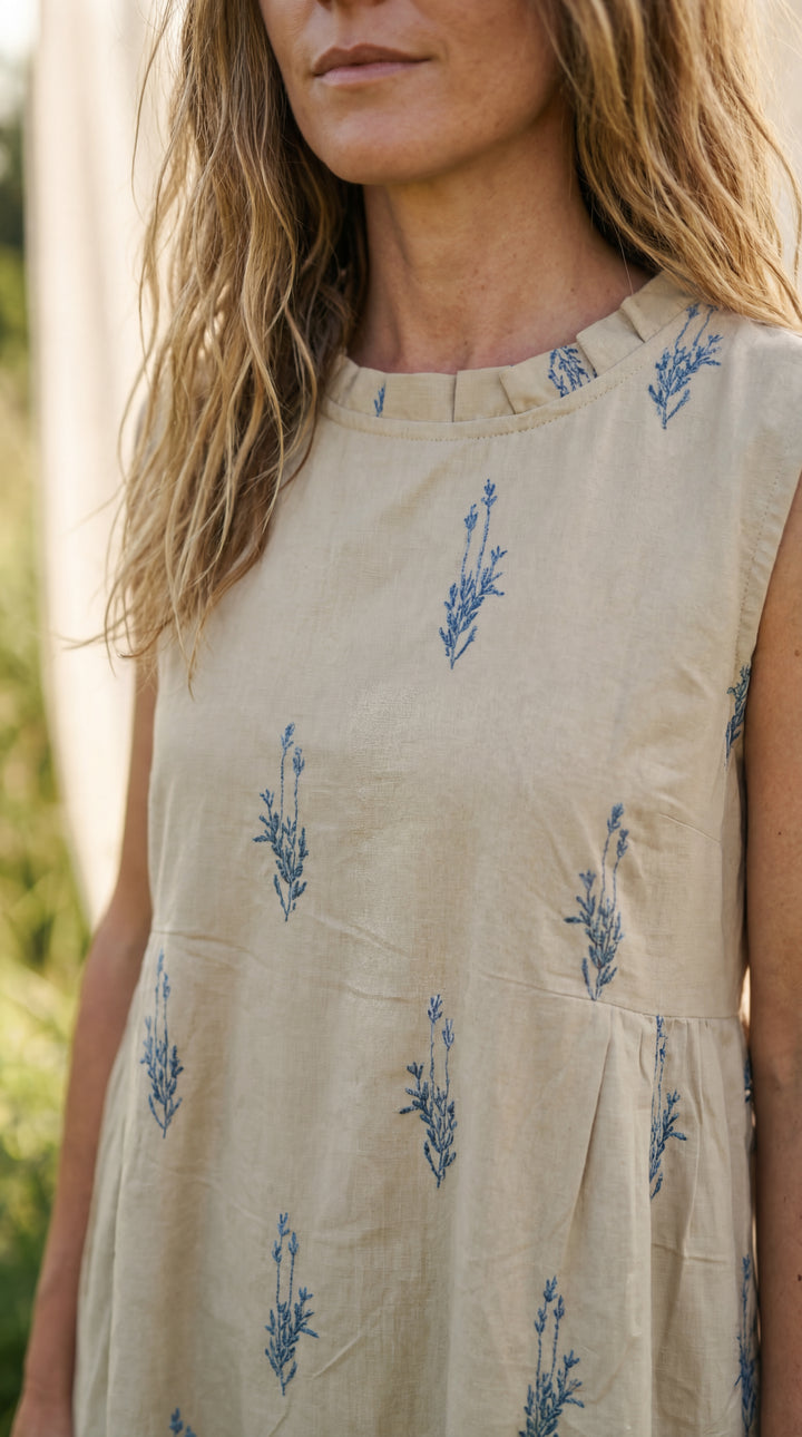 The "Aria" Sleeveless Dress-Organic Cotton Embroidered Dress Beige