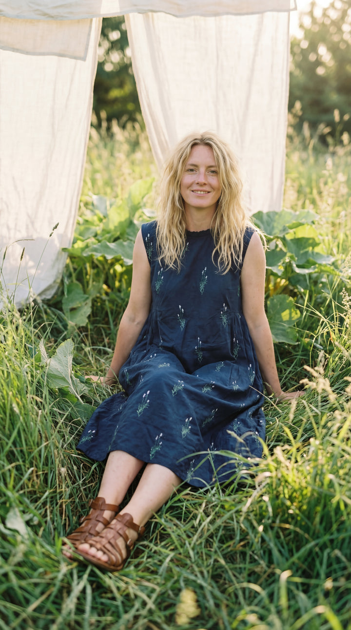 The "Aria" Sleeveless Dress-Organic Cotton Embroidered Dress Beige