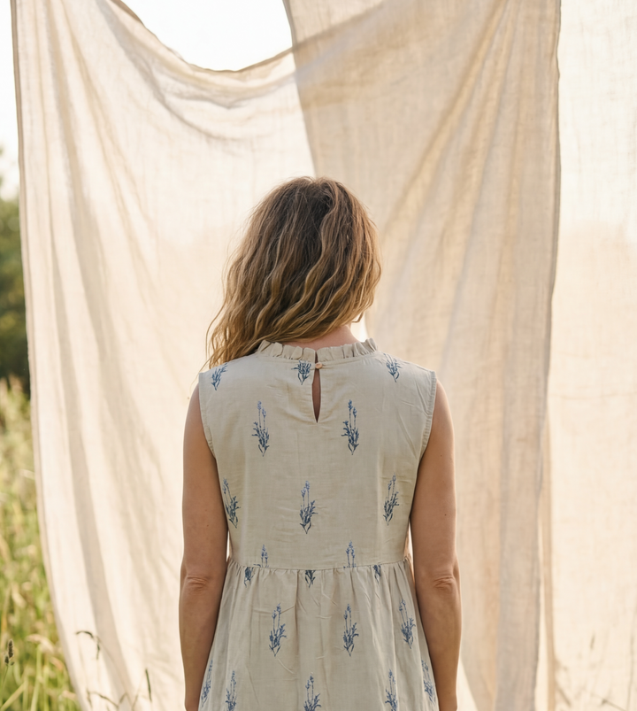 The "Aria" Sleeveless Dress-Organic Cotton Embroidered Dress Beige