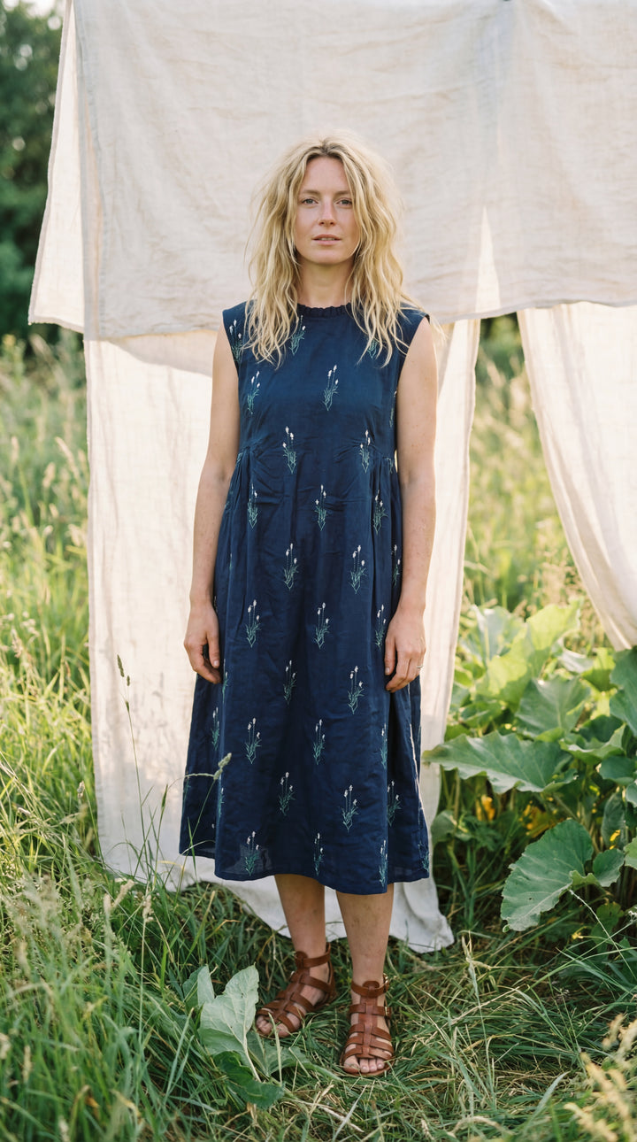 The "Aria" Sleeveless Dress-Organic Cotton Embroidered Dress Beige