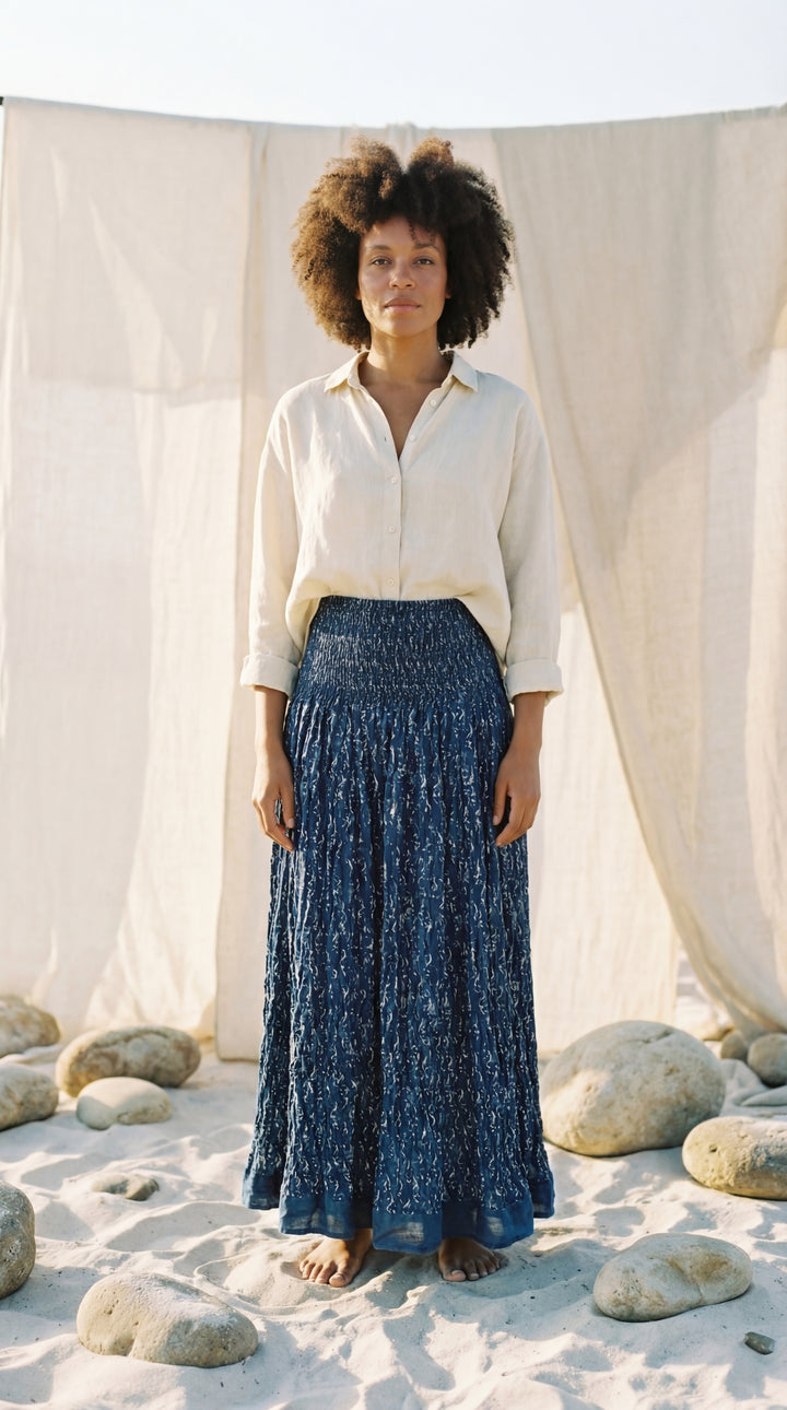 Kavita Blue Organic Cotton Skirt-Hand Block Printed Smoked Waist