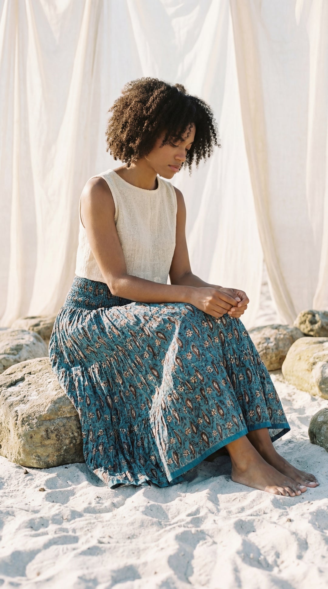 Kavita Blue Organic Cotton Skirt-Hand Block Printed Smoked Waist