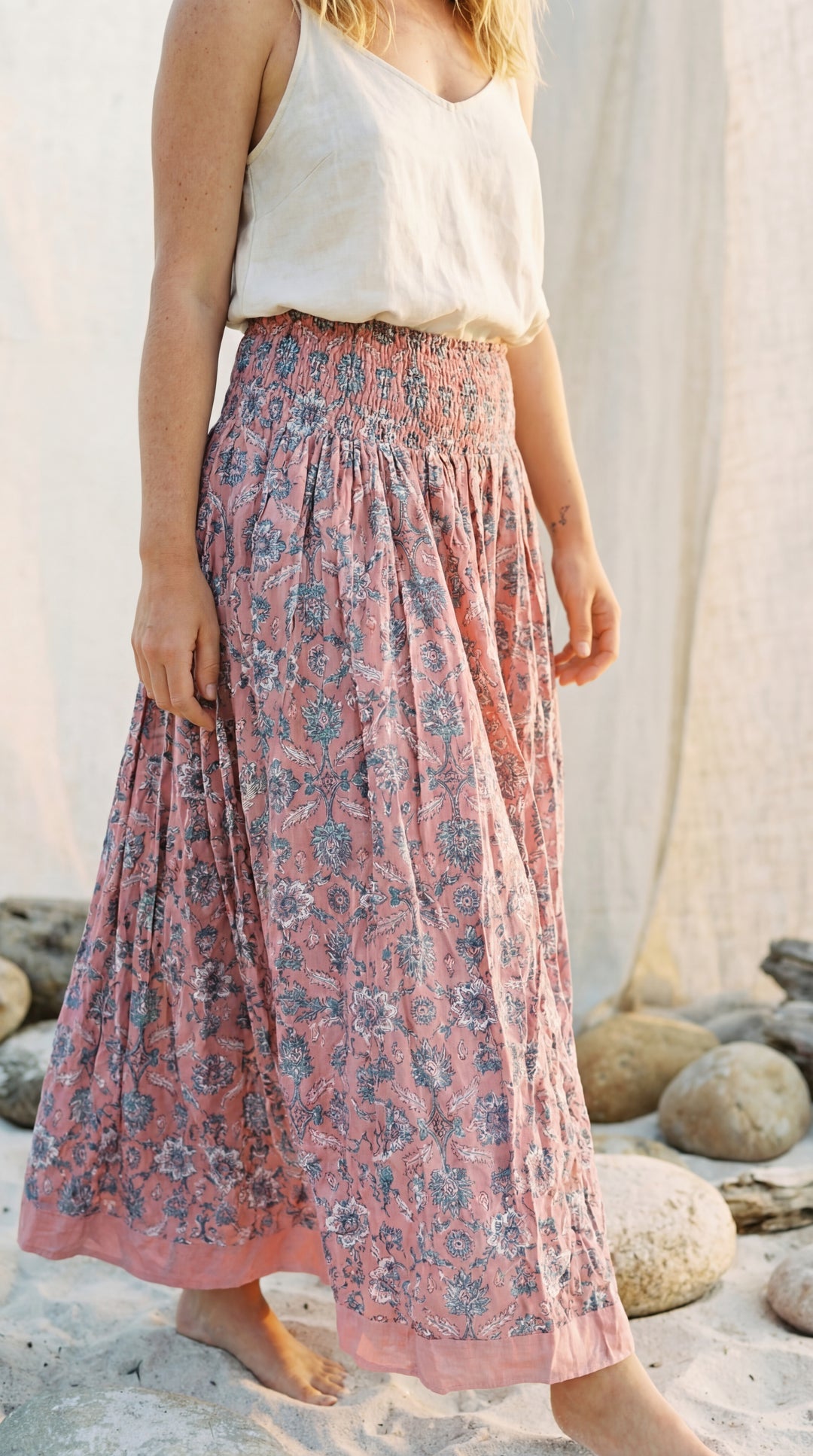 Kavita Blue Organic Cotton Skirt-Hand Block Printed Smoked Waist