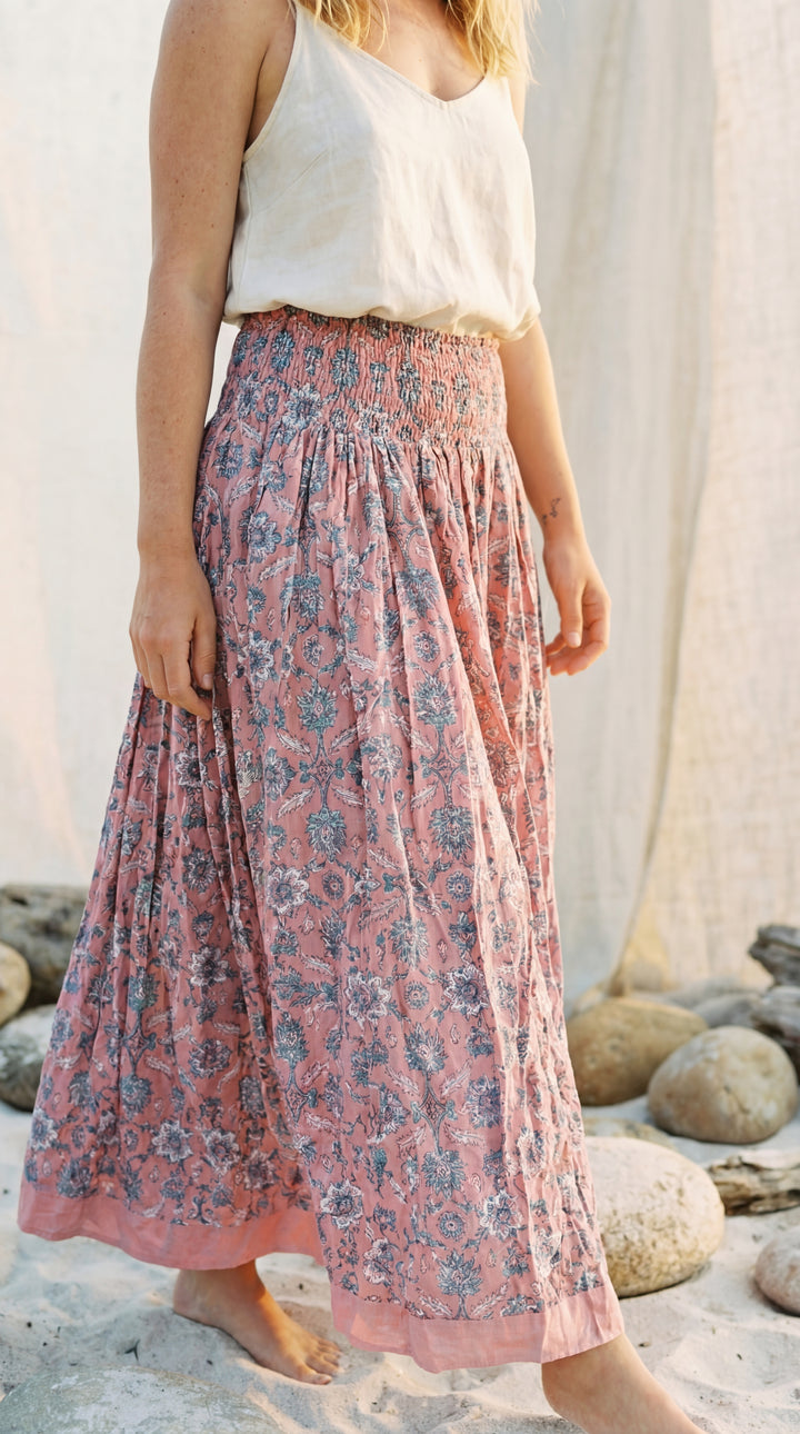 Kavita Blue Organic Cotton Skirt-Hand Block Printed Smoked Waist
