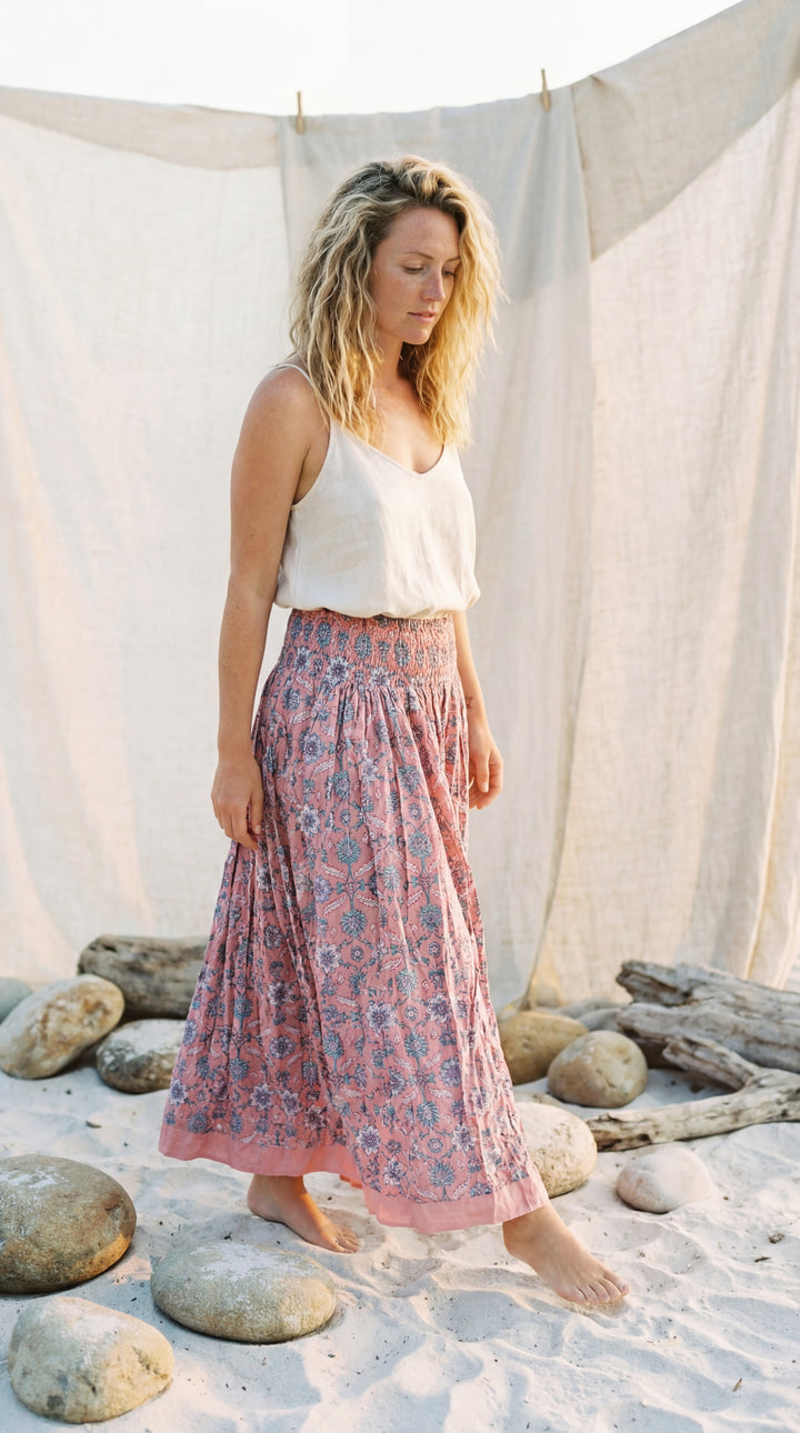 Kavita Blue Organic Cotton Skirt-Hand Block Printed Smoked Waist