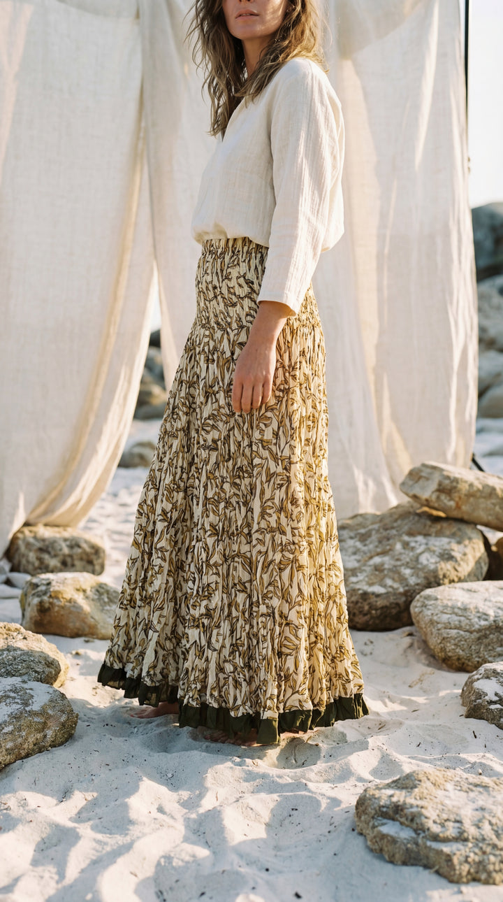 Kavita Blue Organic Cotton Skirt-Hand Block Printed Smoked Waist
