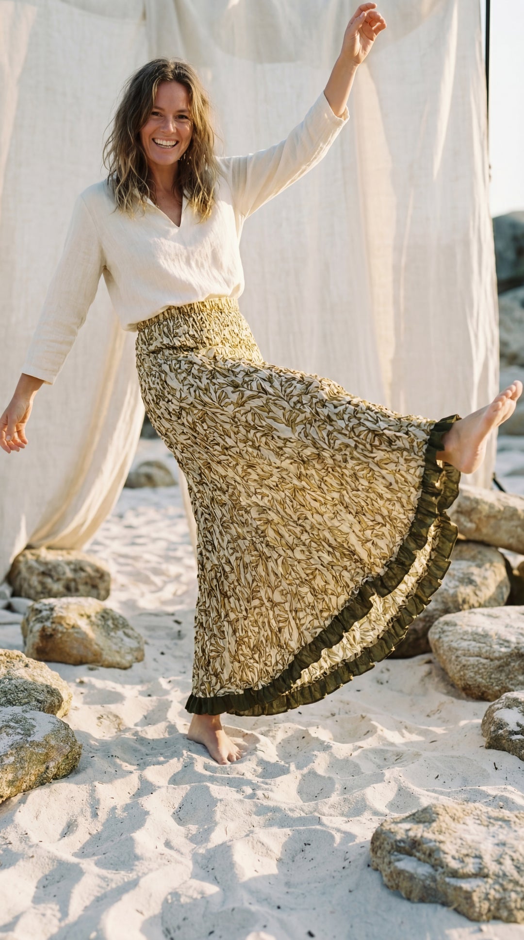 Kavita Blue Organic Cotton Skirt-Hand Block Printed Smoked Waist