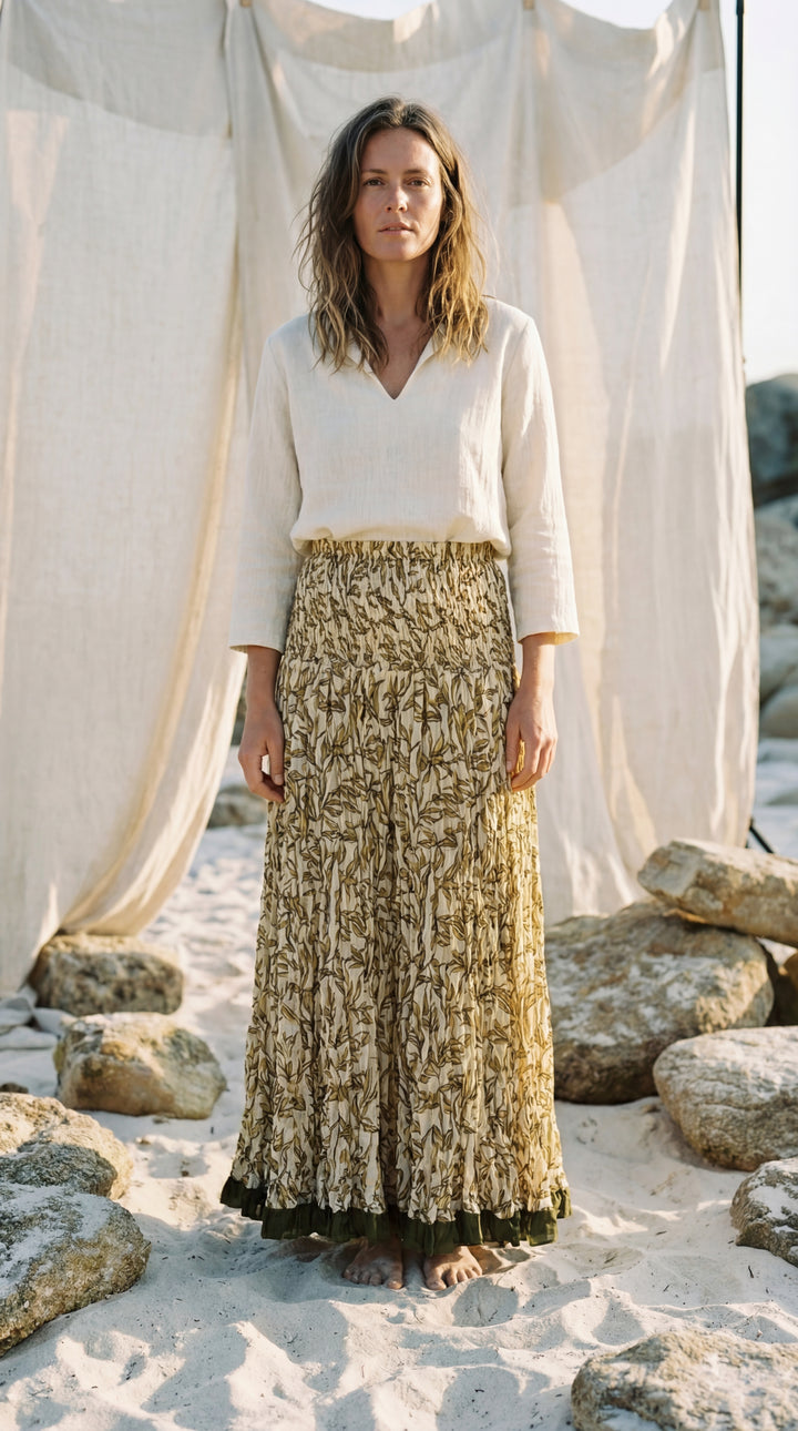 Kavita Blue Organic Cotton Skirt-Hand Block Printed Smoked Waist