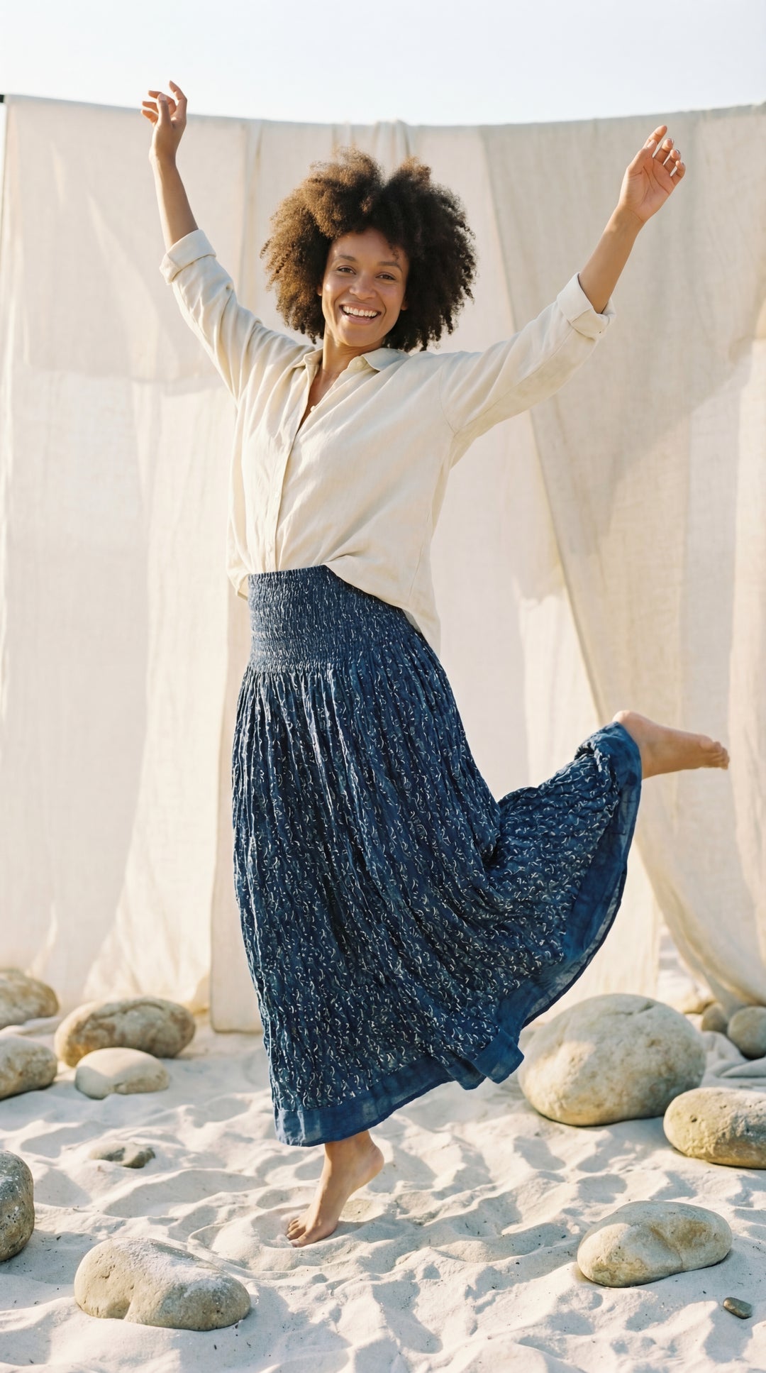 Kavita Blue Organic Cotton Skirt-Hand Block Printed Smoked Waist
