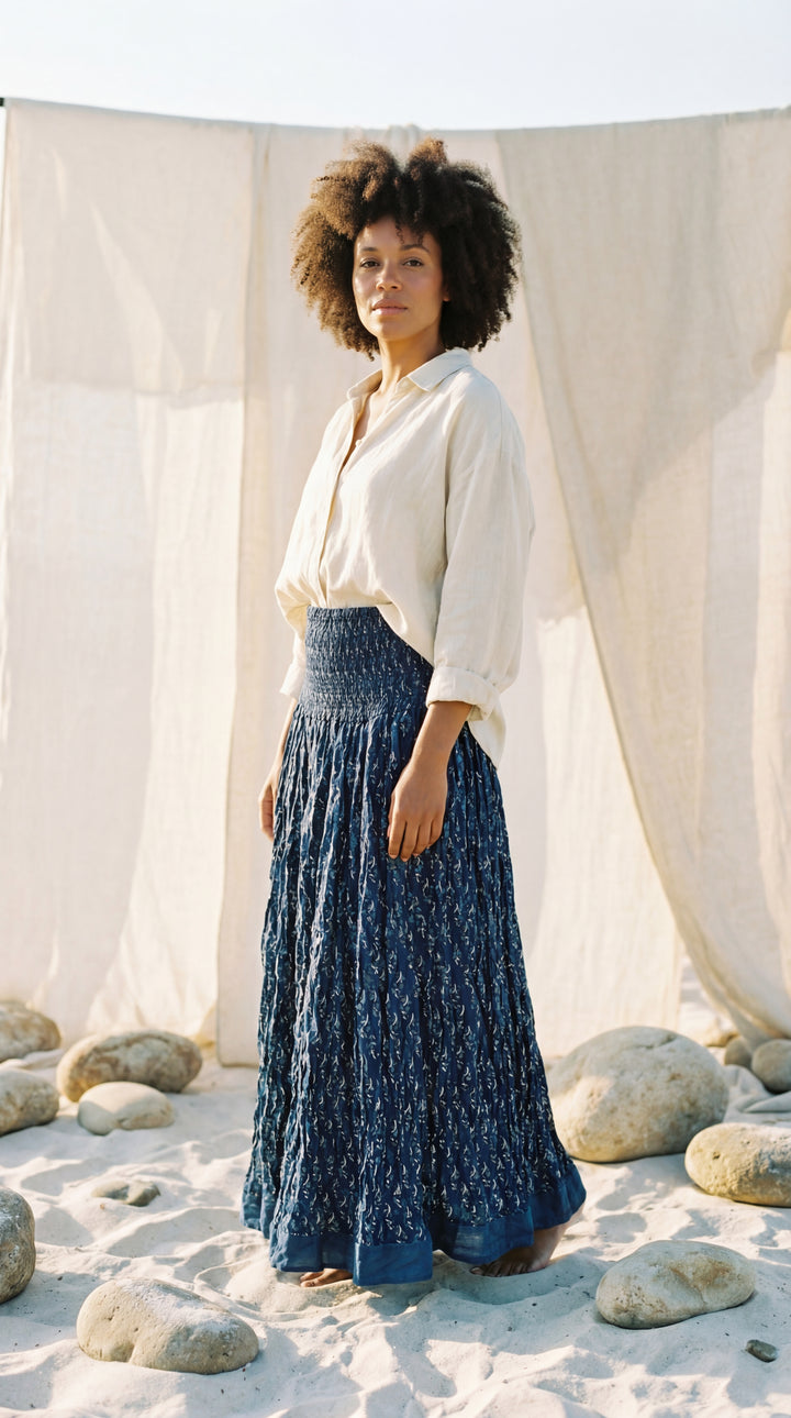 Kavita Blue Organic Cotton Skirt-Hand Block Printed Smoked Waist