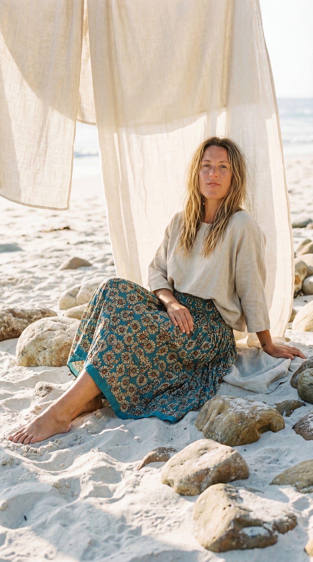 Kavita Blue Organic Cotton Skirt-Hand Block Printed Smoked Waist