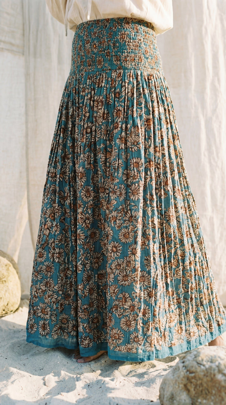 Kavita Blue Organic Cotton Skirt-Hand Block Printed Smoked Waist