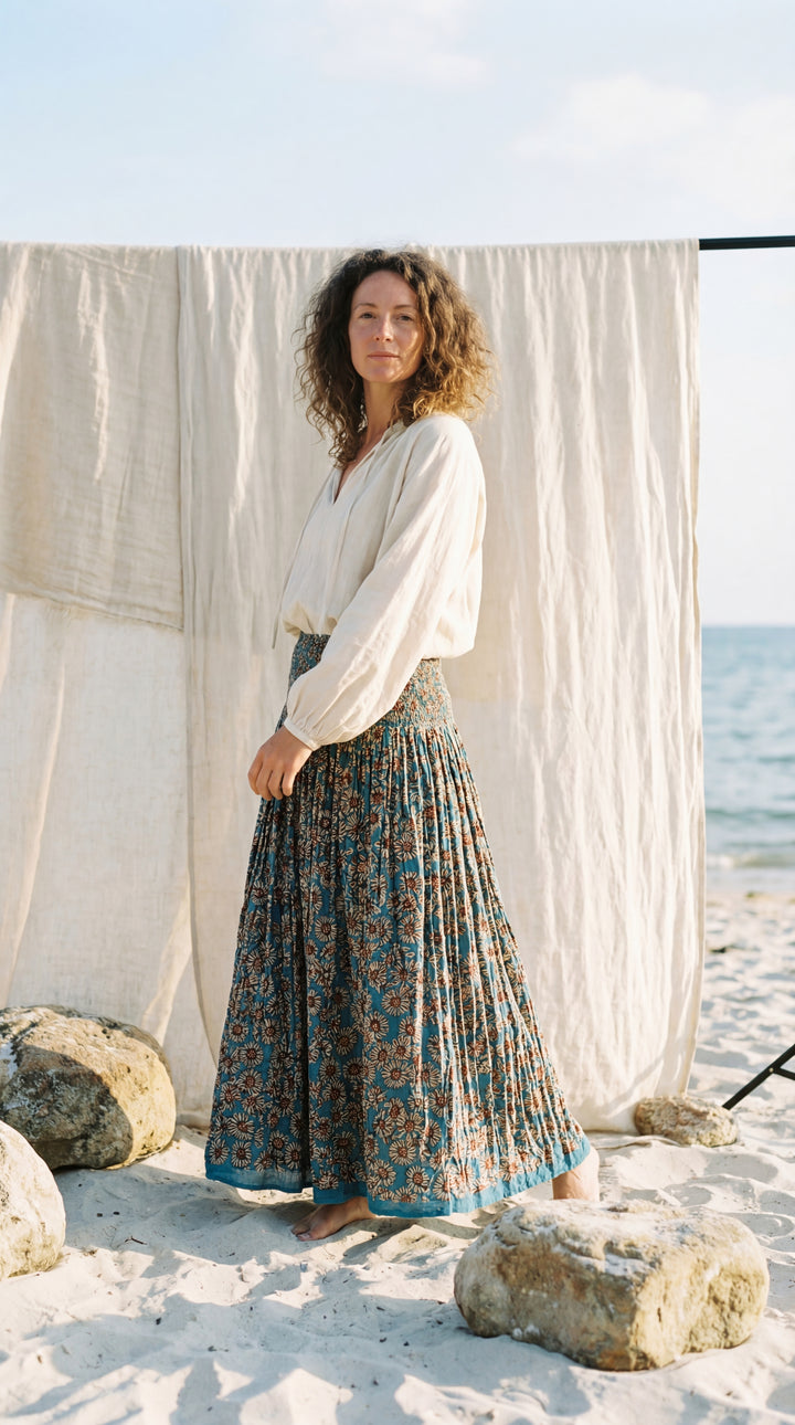 Kavita Blue Organic Cotton Skirt-Hand Block Printed Smoked Waist