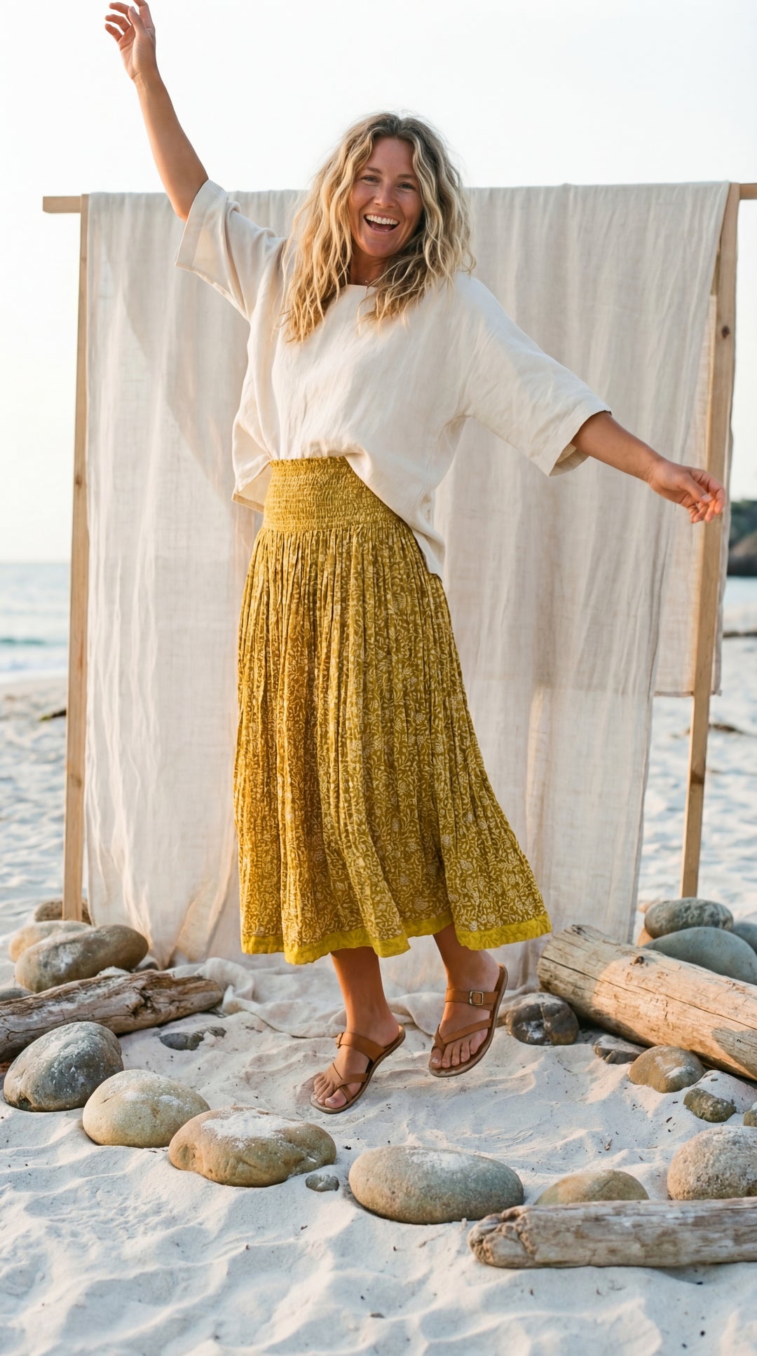 Kavita Blue Organic Cotton Skirt-Hand Block Printed Smoked Waist
