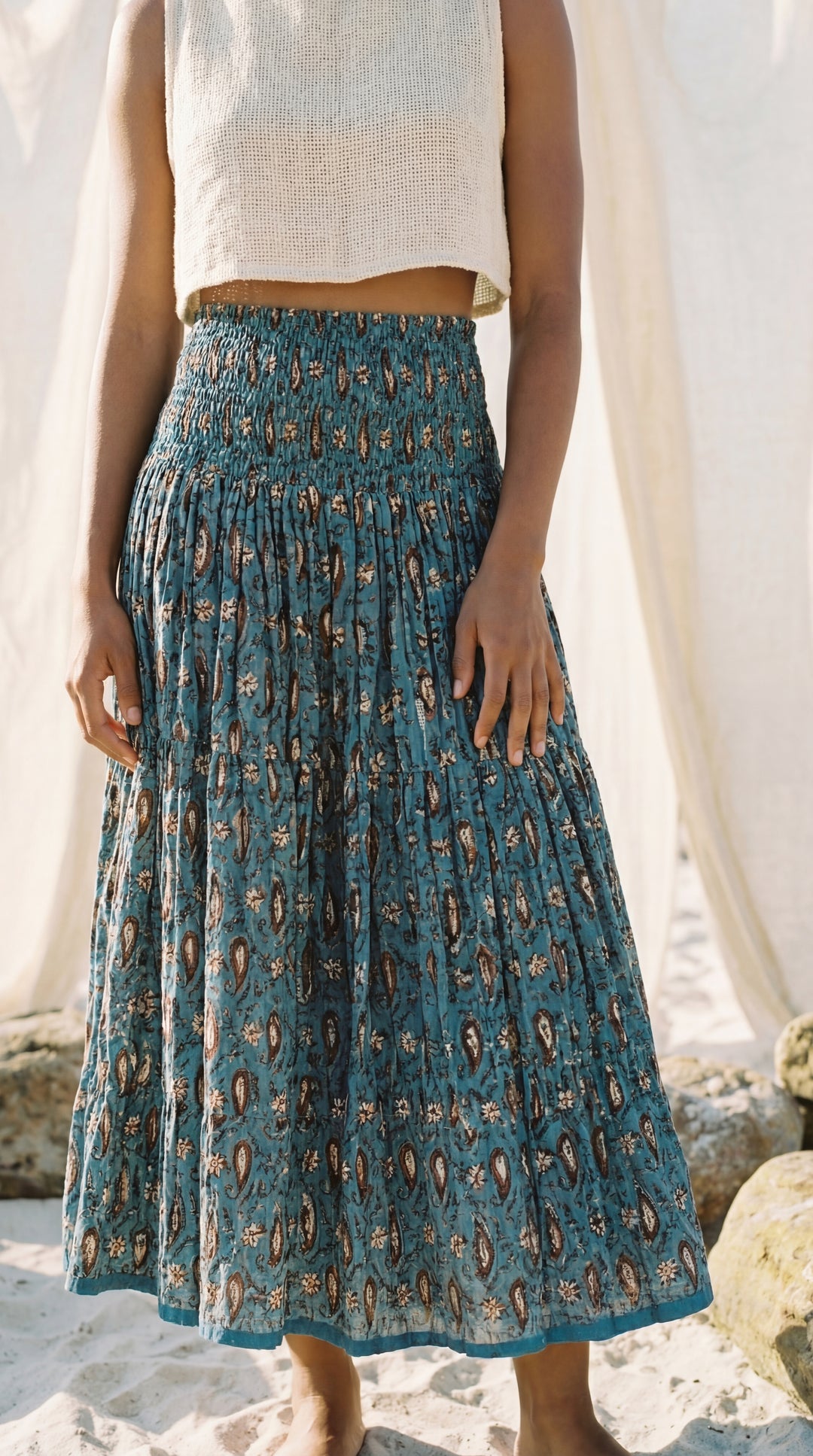 Kavita Blue Organic Cotton Skirt-Hand Block Printed Smoked Waist