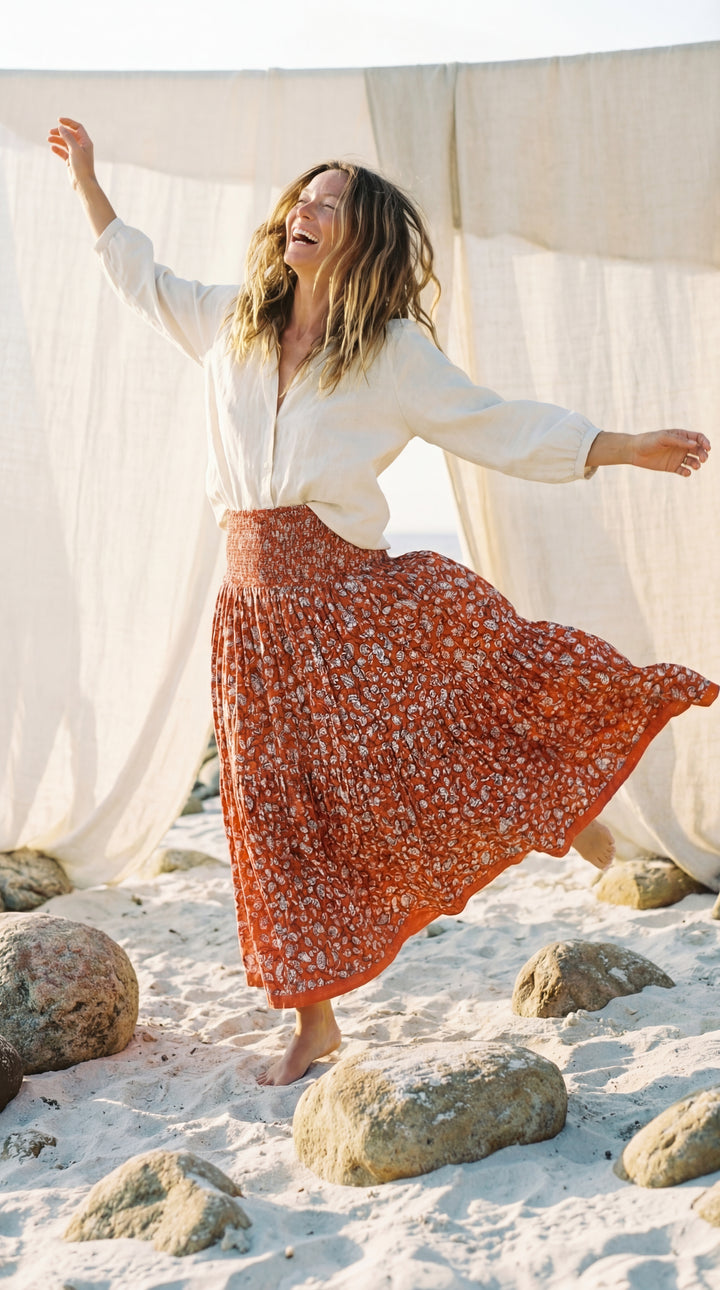 Kavita Blue Organic Cotton Skirt-Hand Block Printed Smoked Waist