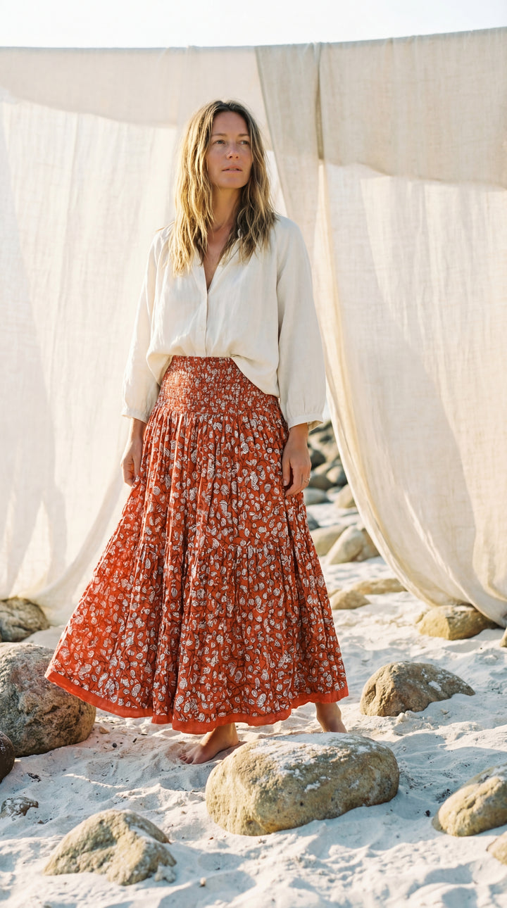 Kavita Blue Organic Cotton Skirt-Hand Block Printed Smoked Waist