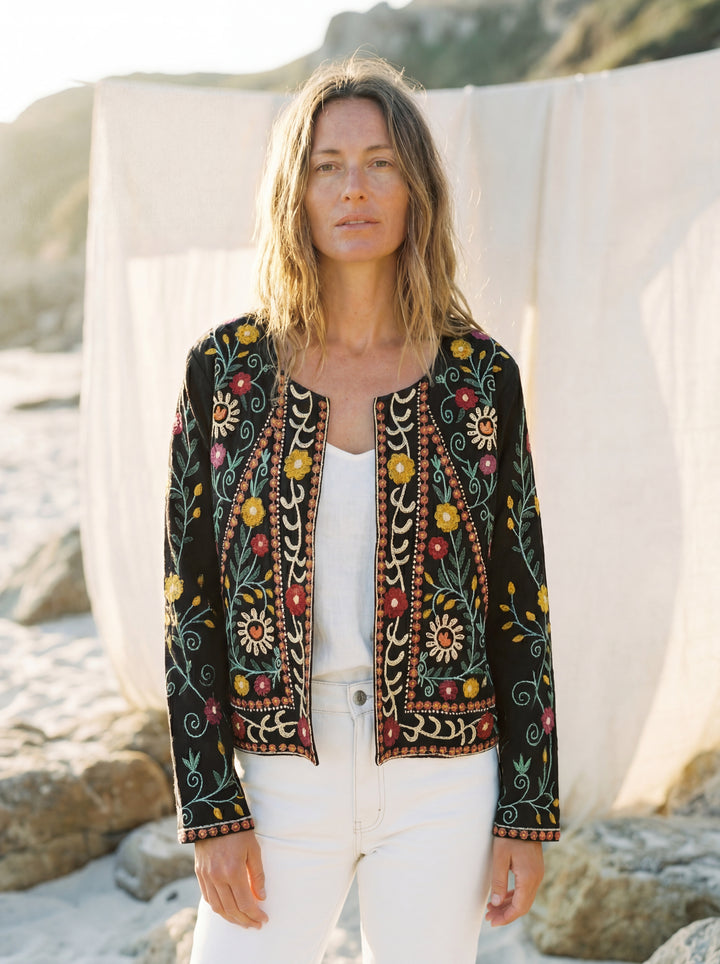 The "Zia" Heritage Jacket – Black with Botanical Vine Embroidery