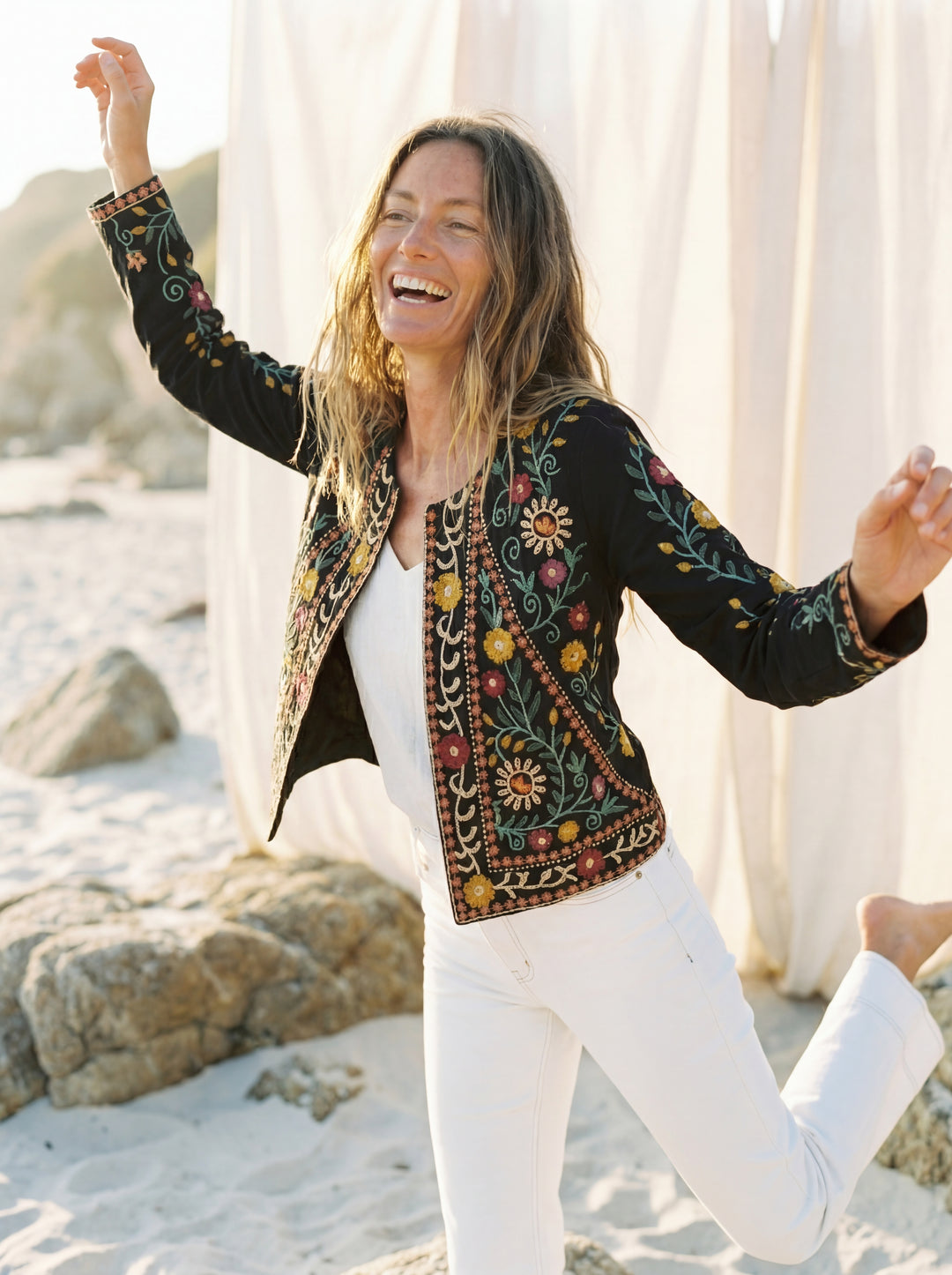 The "Zia" Heritage Jacket – Black with Botanical Vine Embroidery