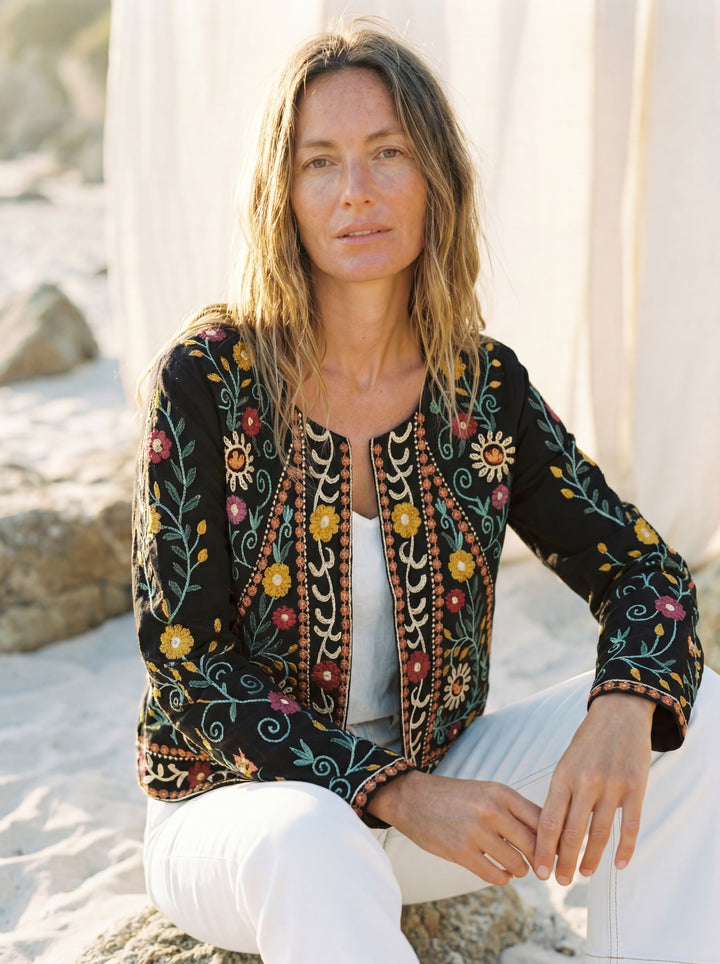 The "Zia" Heritage Jacket – Black with Botanical Vine Embroidery