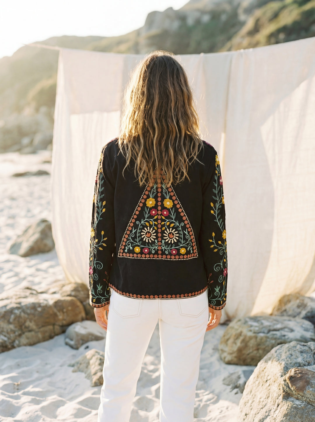The "Zia" Heritage Jacket – Black with Botanical Vine Embroidery