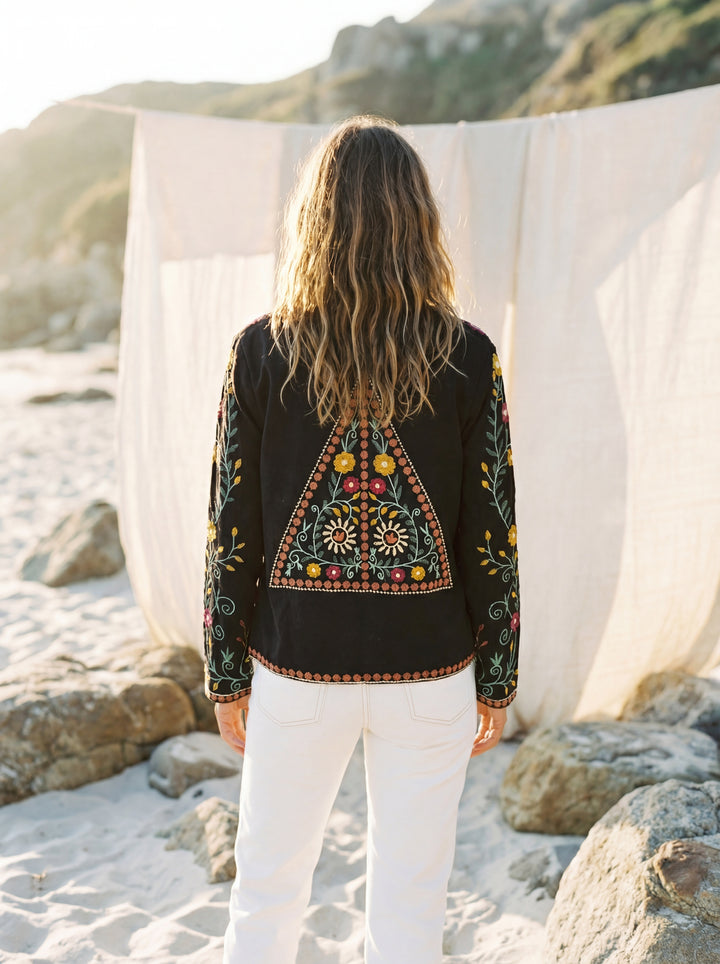 The "Zia" Heritage Jacket – Black with Botanical Vine Embroidery