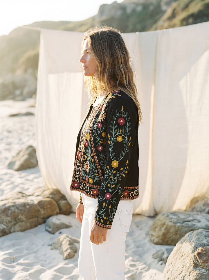 The "Zia" Heritage Jacket – Black with Botanical Vine Embroidery