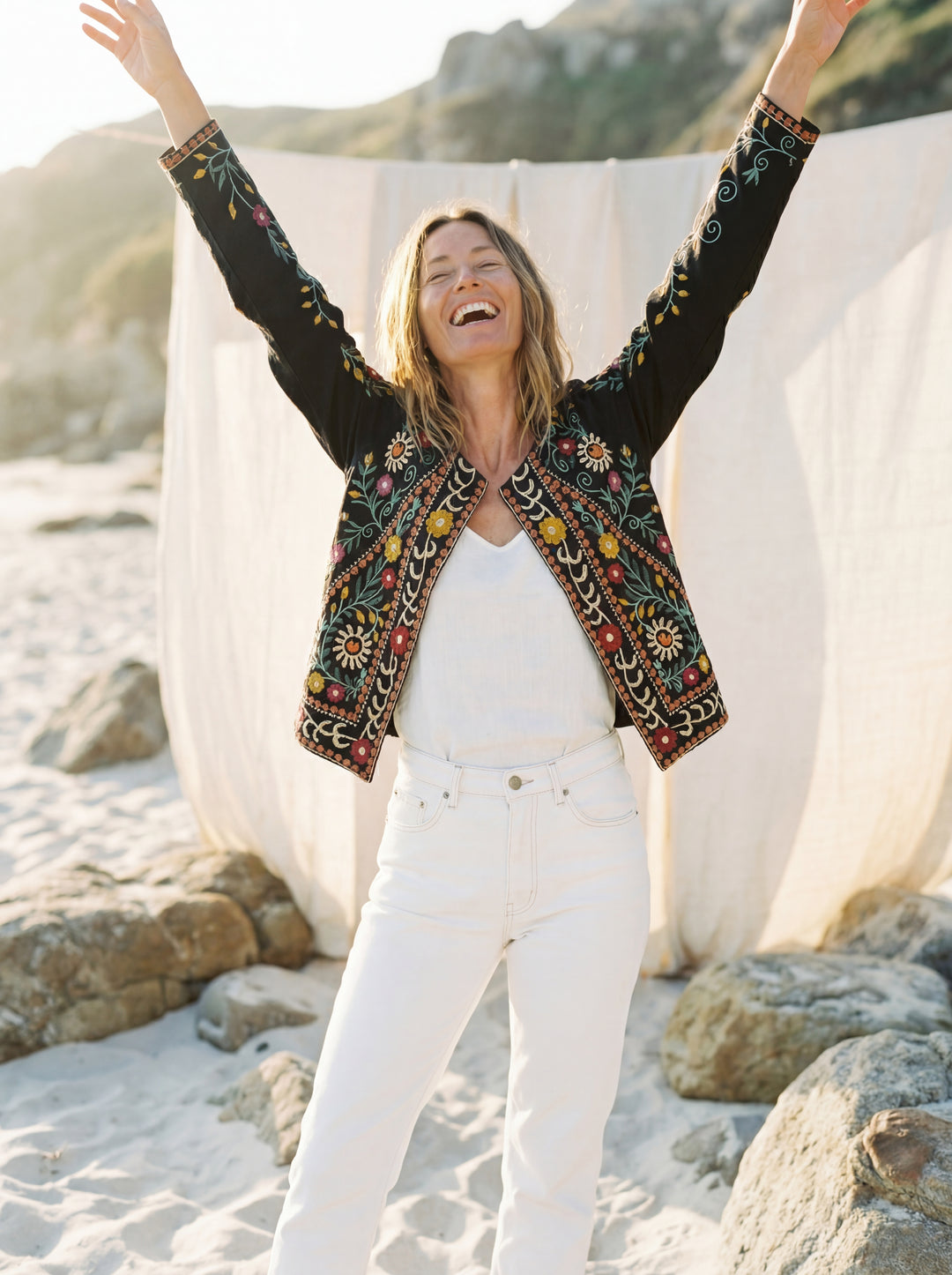 The "Zia" Heritage Jacket – Black with Botanical Vine Embroidery