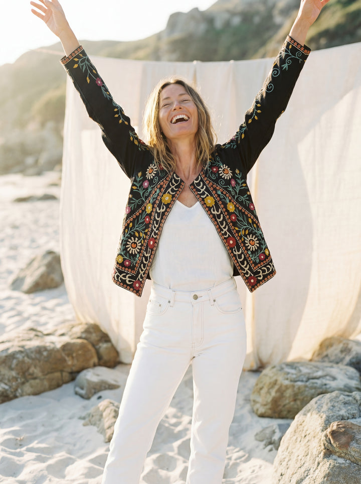 The "Zia" Heritage Jacket – Black with Botanical Vine Embroidery