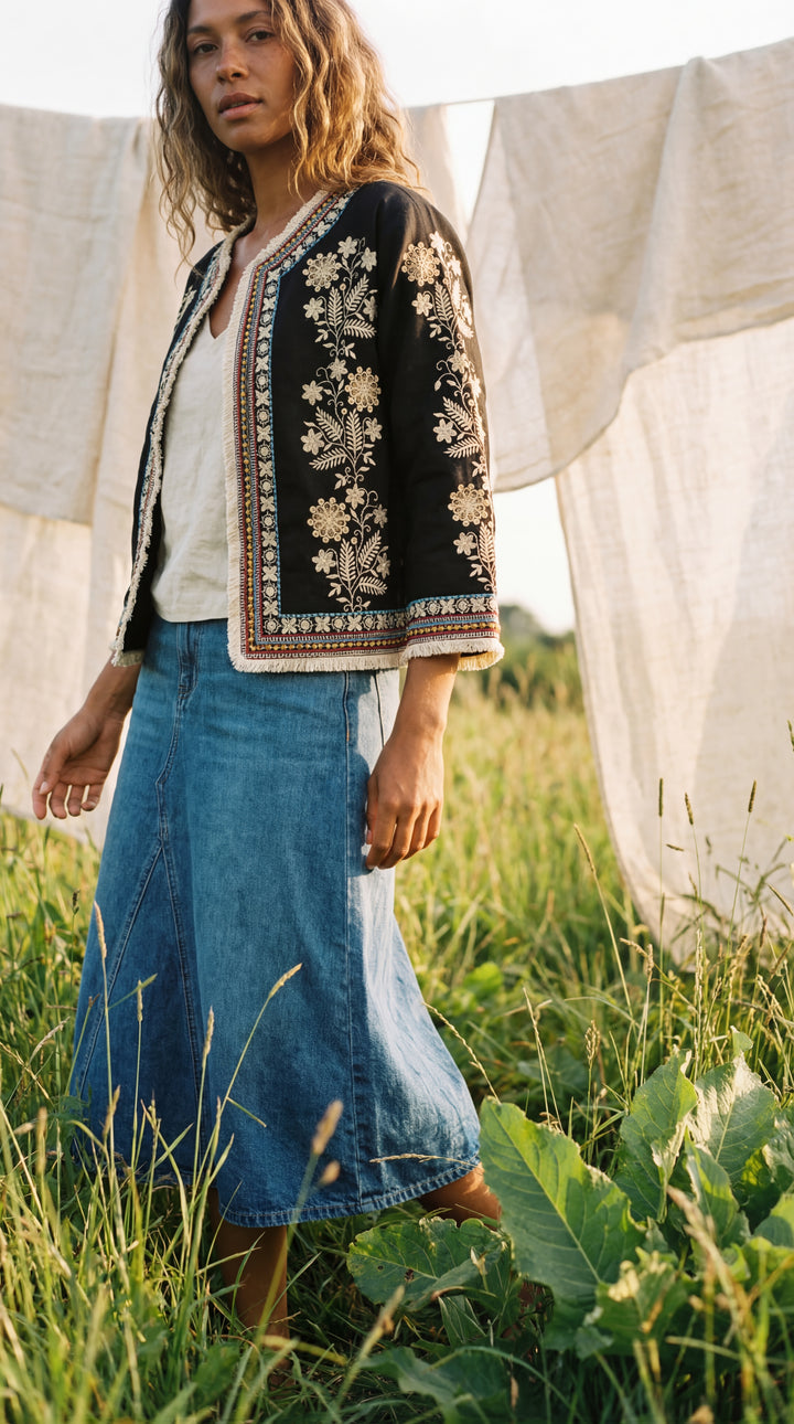 The "Inara" Cropped Heritage Embroidered Jacket – Gray with Fringe