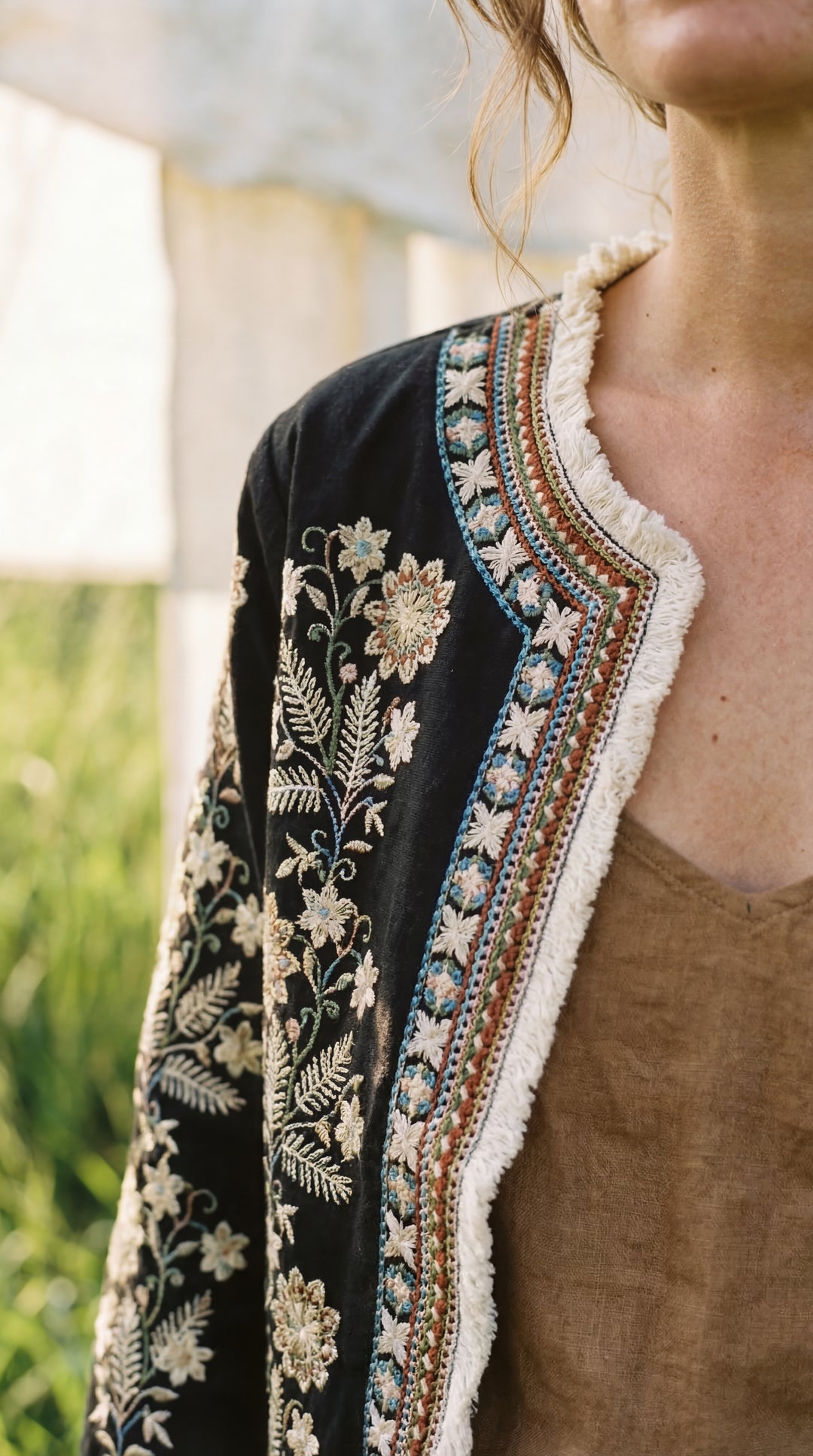 The "Inara" Cropped Heritage Embroidered Jacket – Gray with Fringe