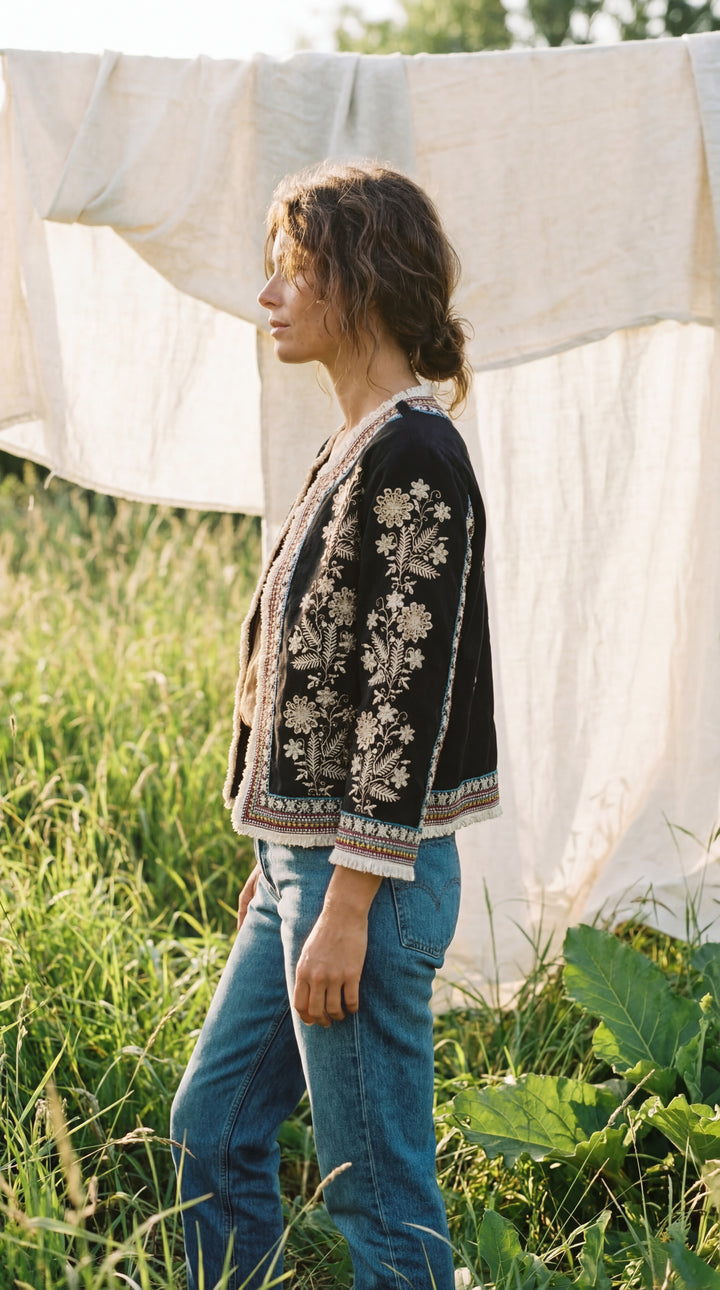 The "Inara" Cropped Heritage Embroidered Jacket – Gray with Fringe