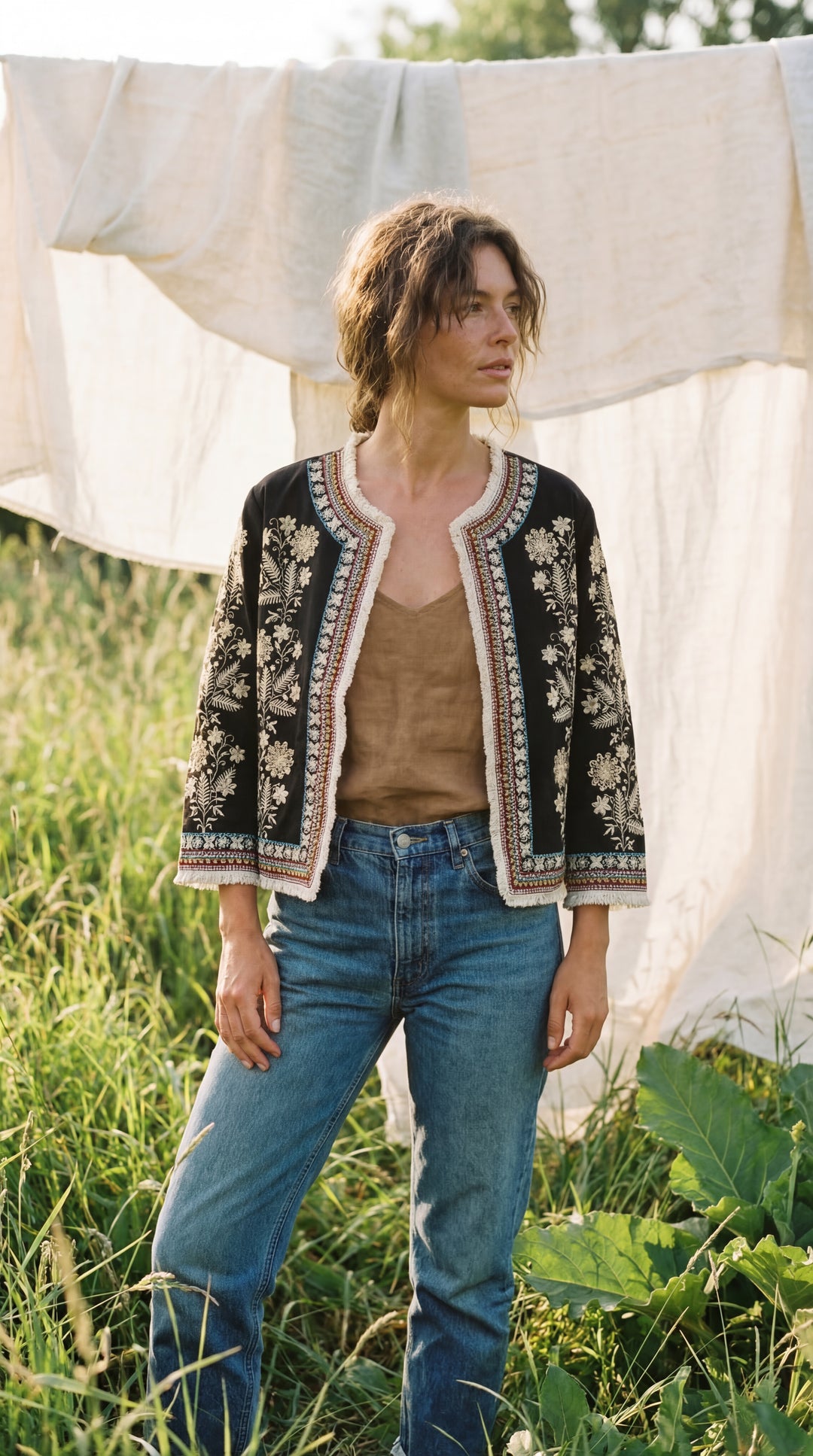 The "Inara" Cropped Heritage Embroidered Jacket – Gray with Fringe