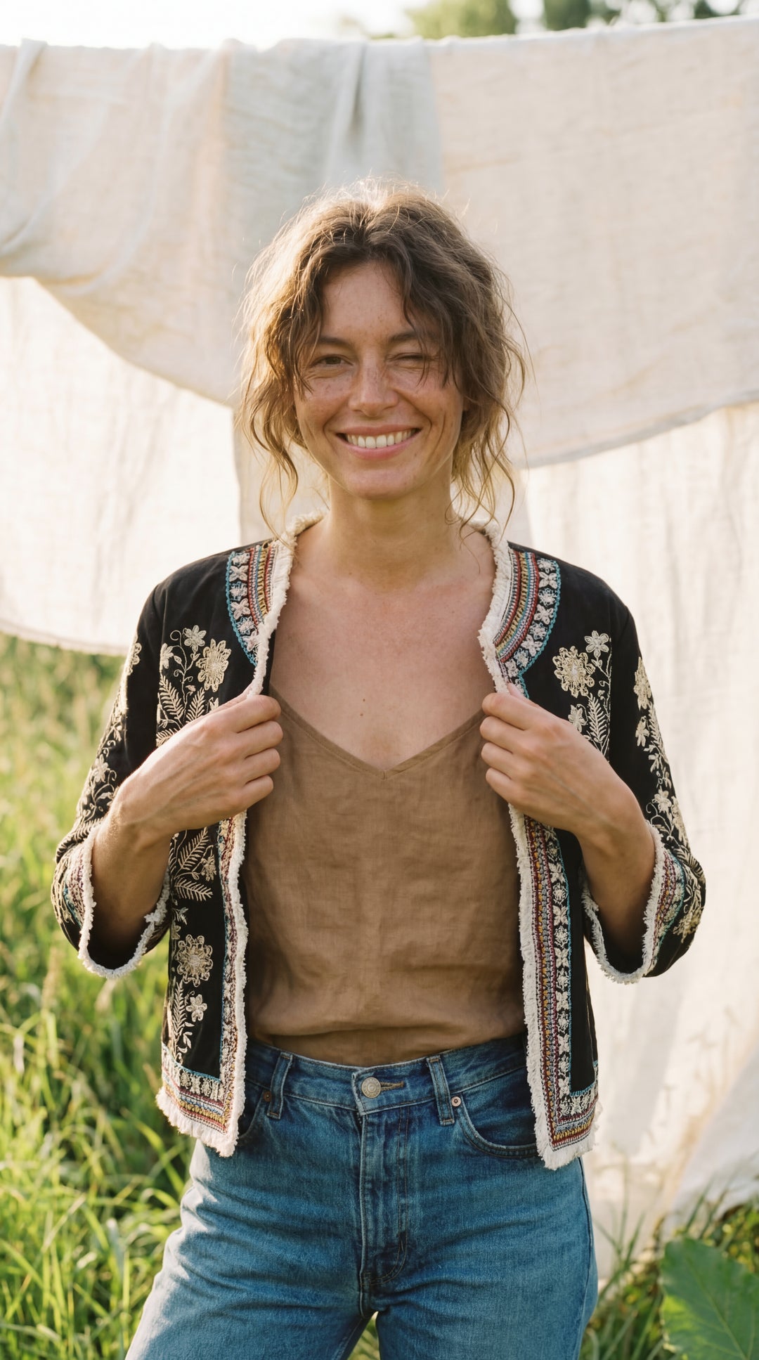 The "Inara" Cropped Heritage Embroidered Jacket – Gray with Fringe