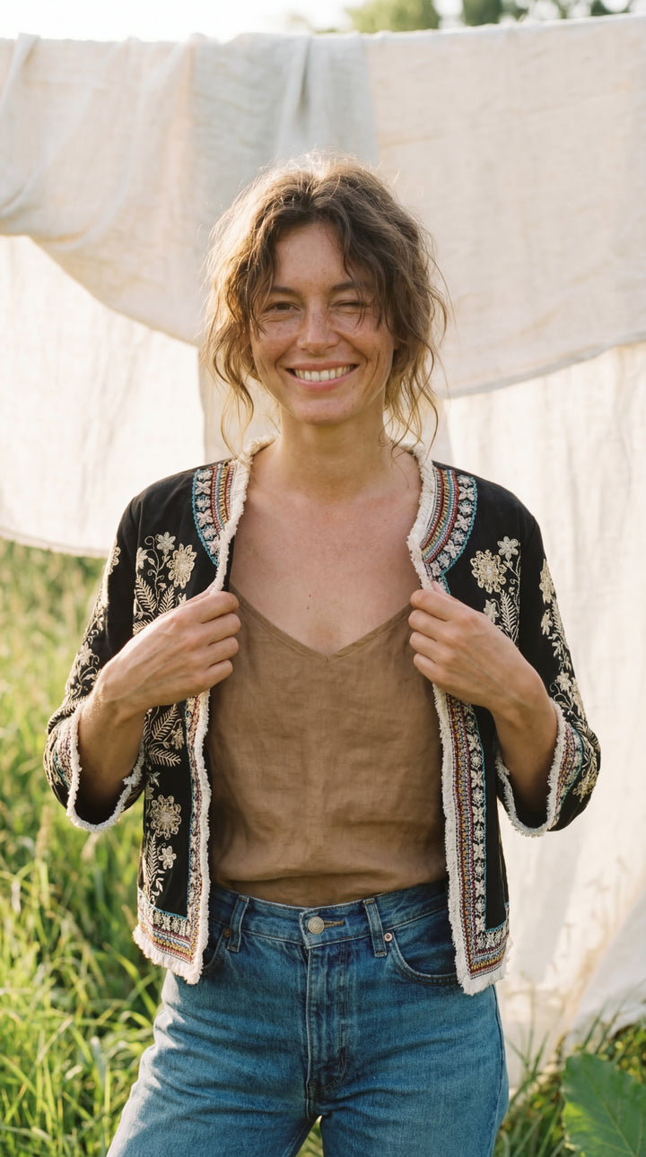 The "Inara" Cropped Heritage Embroidered Jacket – Gray with Fringe
