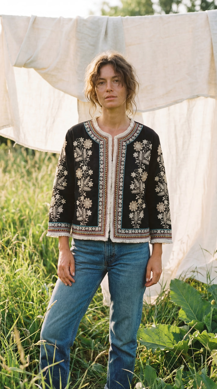 The "Inara" Cropped Heritage Embroidered Jacket – Gray with Fringe