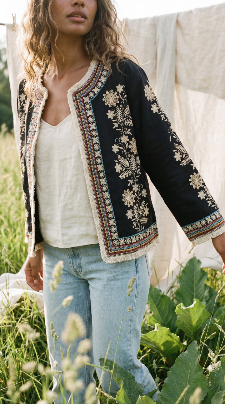The "Inara" Cropped Heritage Embroidered Jacket – Gray with Fringe