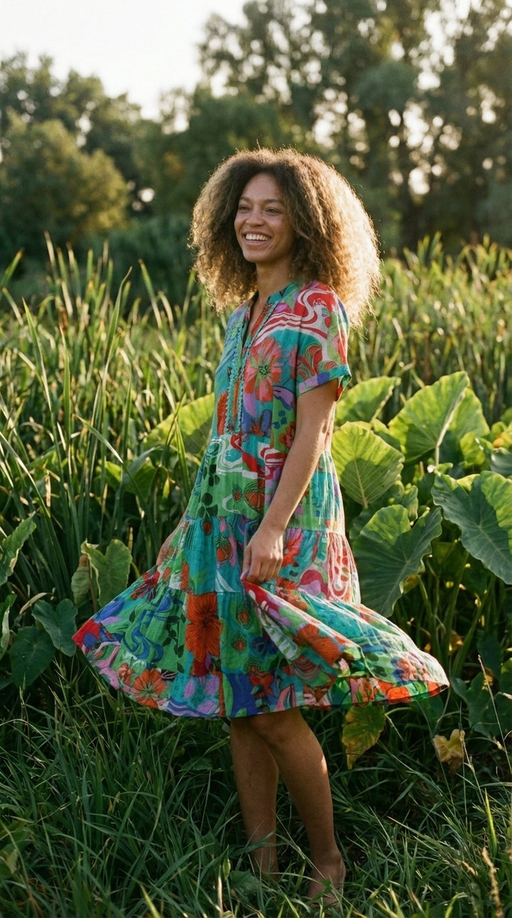 Verdant Bloom Organic Cotton Block Print Mini Dress – Tiered Boho Summer Sundress Pink