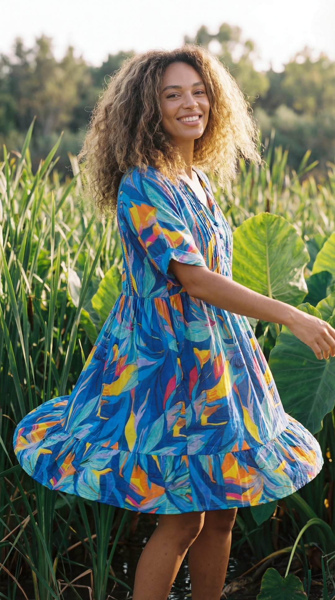 Flora Bloom Organic Cotton Block Print Mini Dress – Tiered Boho Summer Sundress Green