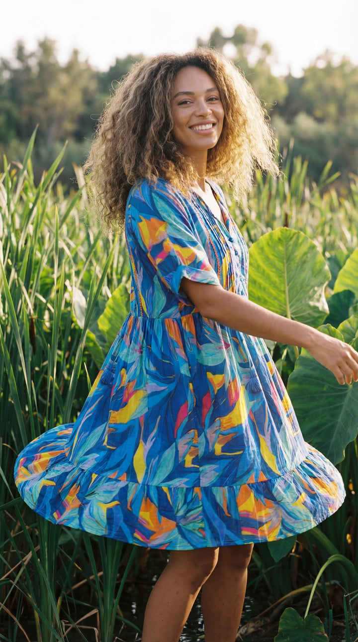 Flora Bloom Organic Cotton Block Print Mini Dress – Tiered Boho Summer Sundress Green