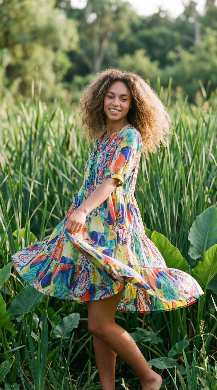 Flora Bloom Organic Cotton Block Print Mini Dress – Tiered Boho Summer Sundress Green